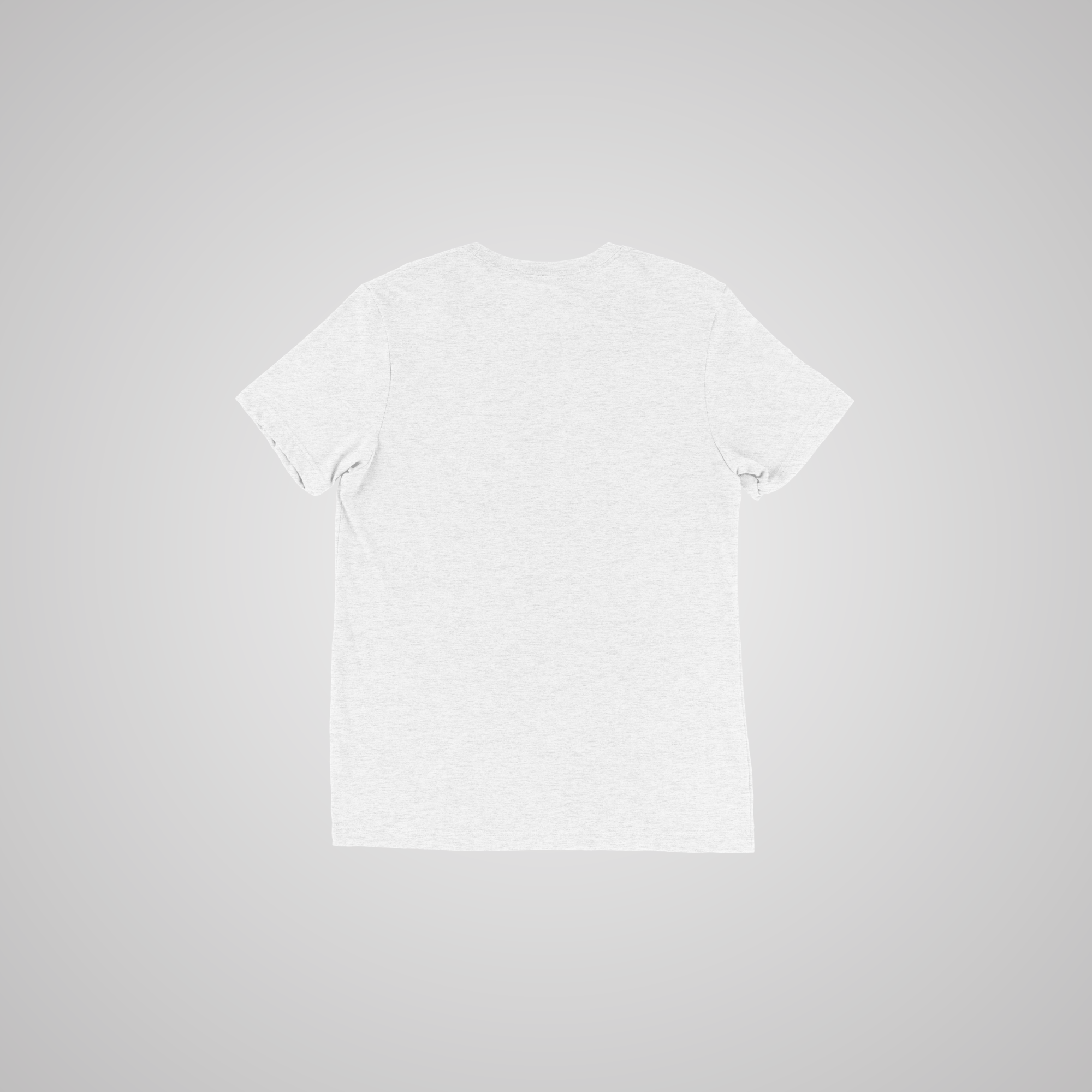 An image of a heathered white unisex style tee showing now print.