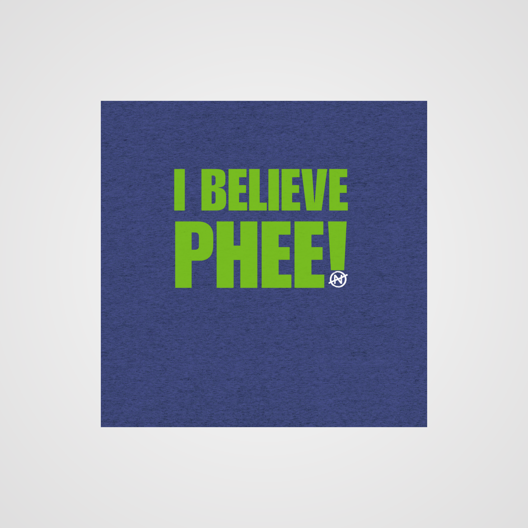 A heather blue detail image of front green text statement “I BELIEVE PHEE!” centered on the front. The shirt represents solidarity with WNBA player Napheesa Collier and women athletes speaking truth to power. Designed by No Assumptions Apparel, it stands for gender equity, justice, and accountability in women’s sports. The minimalist design makes a strong visual statement about believing women, amplifying voices, and calling for fairness and reform within the WNBA and beyond.