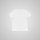 An image of a heathered white unisex style tee showing now print. 