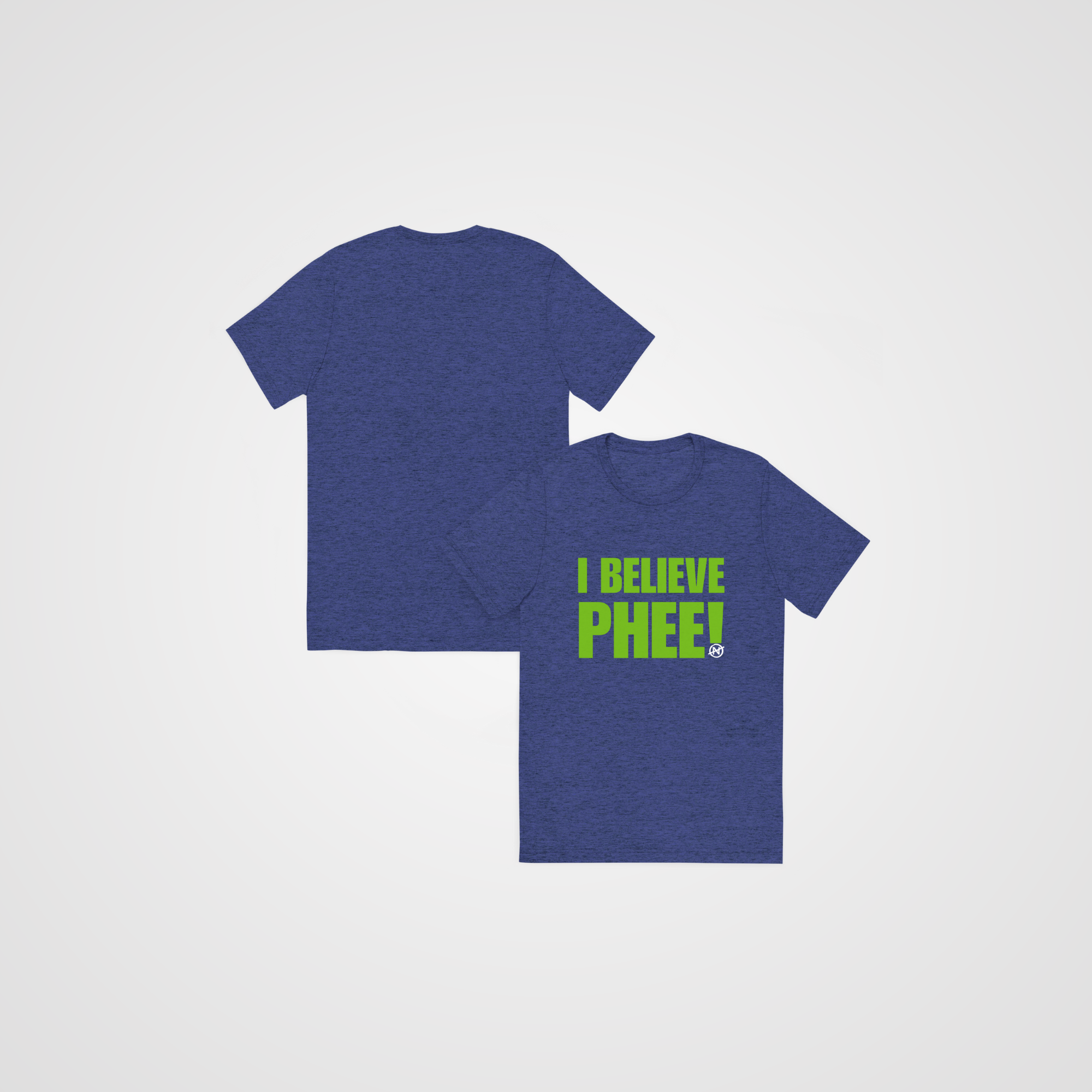 A front back heather blue unisex tee with lynx green text featuring the bold statement  “I BELIEVE PHEE!” centered on the front. The shirt represents solidarity with WNBA player Napheesa Collier and women athletes speaking truth to power. Designed by No Assumptions Apparel, it stands for gender equity, justice, and accountability in women’s sports. The minimalist design makes a strong visual statement about believing women, amplifying voices, and calling for fairness and reform within the WNBA and beyond.