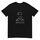Black crew neck unisex t-shirt features a minimalist white line art illustration of George Floyd's face, conveying strength and solemnity. Below the words "BREATH OF JUSTICE" are prominently displayed in an all- caps font, enclosed within a rectangular border. The design exudes a sense of purpose and commitment to justice.