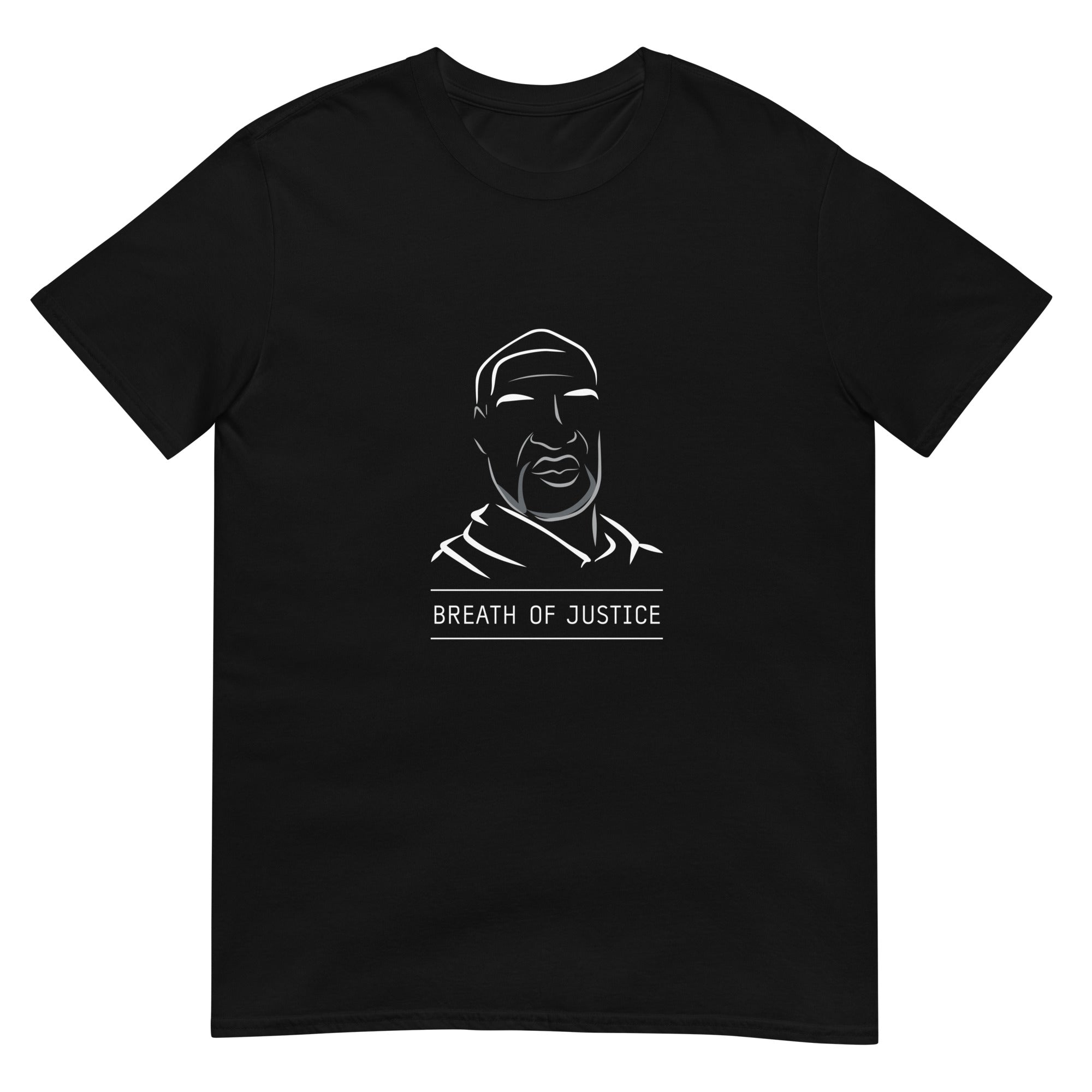 Black crew neck unisex t-shirt features a minimalist white line art illustration of George Floyd's face, conveying strength and solemnity. Below the words "BREATH OF JUSTICE" are prominently displayed in an all- caps font, enclosed within a rectangular border. The design exudes a sense of purpose and commitment to justice.