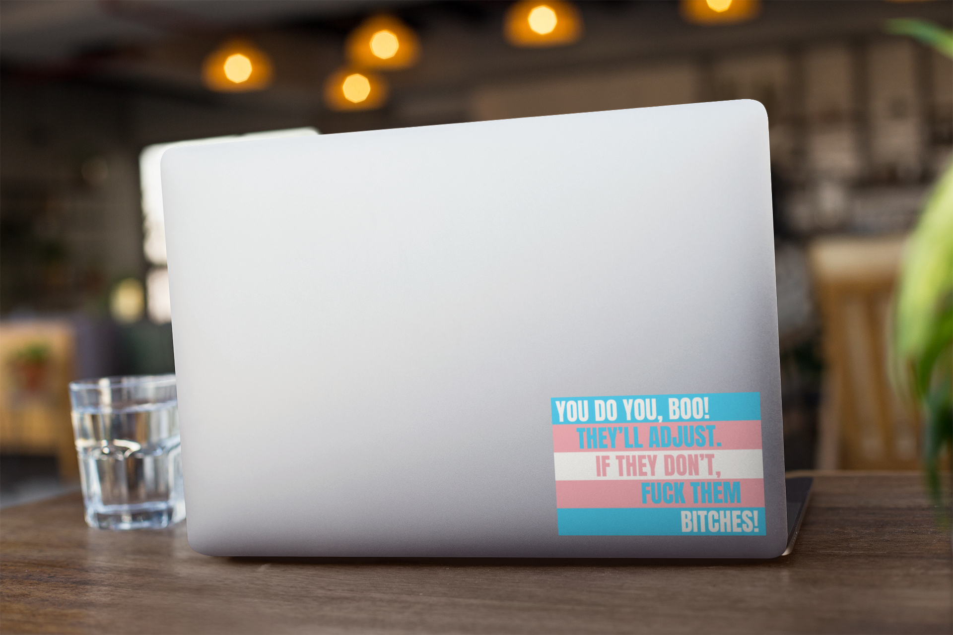 This shows a sticker that says "you do you, Boo! They'll adjust. if they don't, fuck them bitches! on the back of a lap top open on a wood desk. 