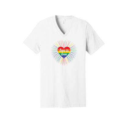 A white V-neck unisex t-shirt featuring a design of a vibrant rainbow-striped heart at the center with the text "love is love" written inside. Around the heart colorful, radiating lines, with sunburst effect emphasizing inclusivity and love for all.