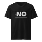 The t-shirt is a unisex, v-neck style in solid black. Bold "NO Assumptions" brand graphic on the front, including the tag phrase “Equality & Justice” on lower left corner of the logo. 